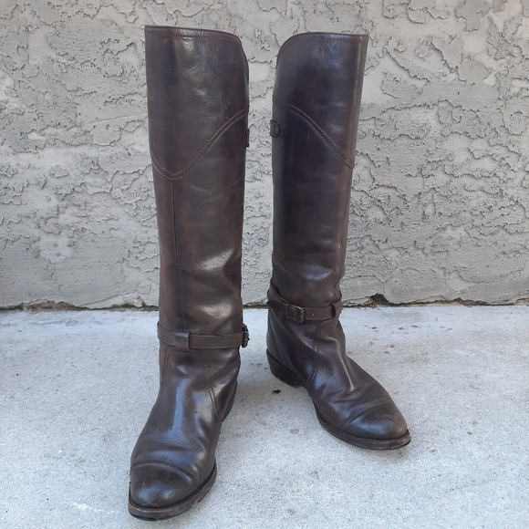 Worn in Frye Dorado Brown Leather Tall Riding Boots with Buckle Details - Picture 2 of 16